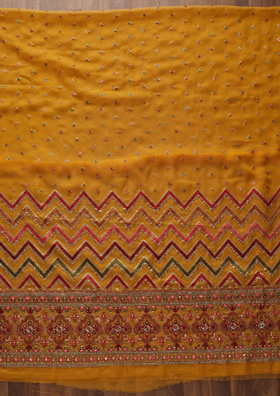 Mustard Sequins Georgette Designer Unstitched Salwar Suit - Koskii
