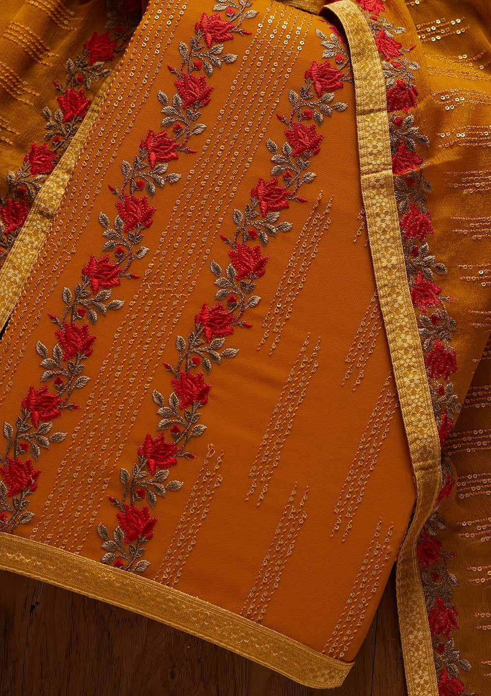 Mustard Sequins Georgette Designer Unstitched Salwar Suit - koskii