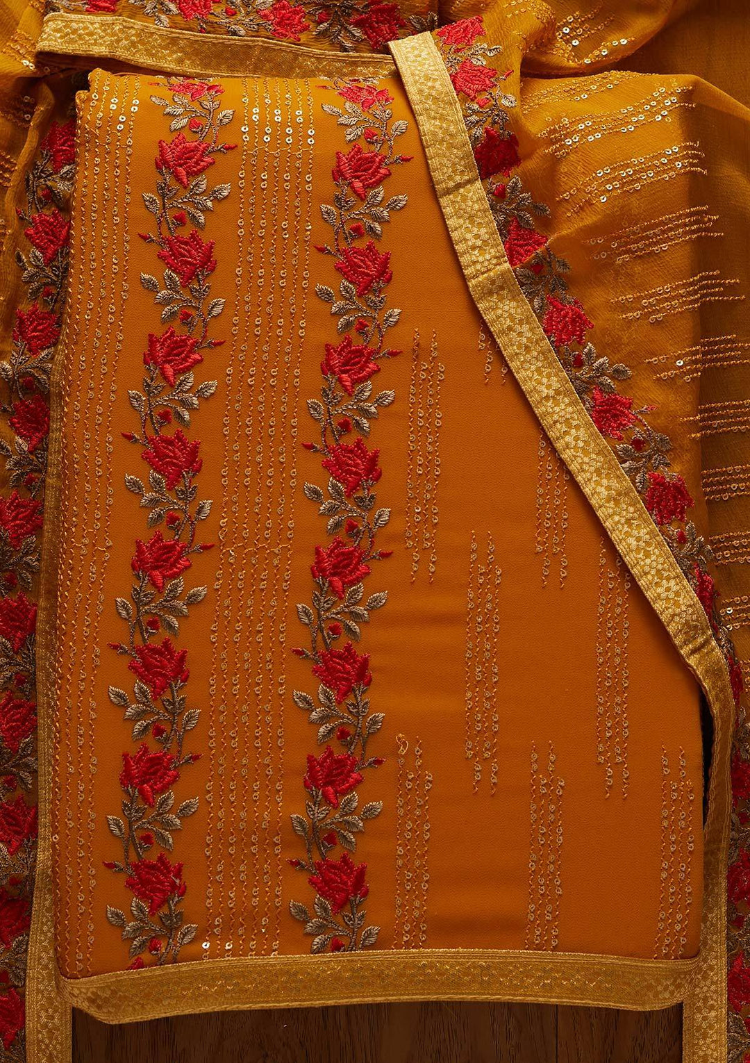 Mustard Sequins Georgette Designer Unstitched Salwar Suit - koskii