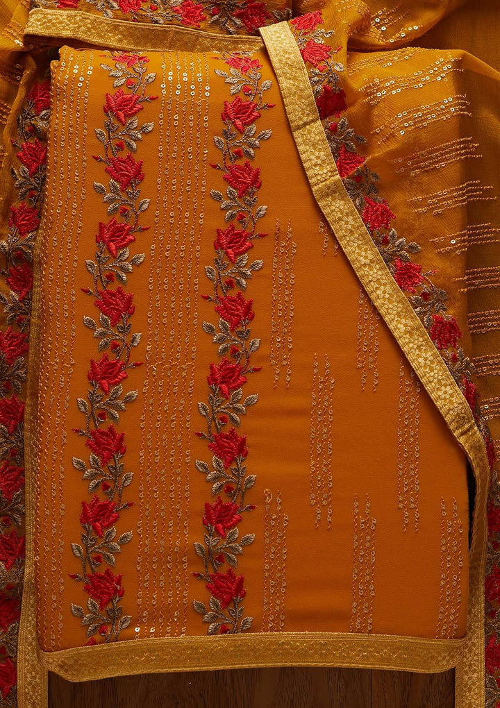 Mustard Sequins Georgette Designer Unstitched Salwar Suit - koskii