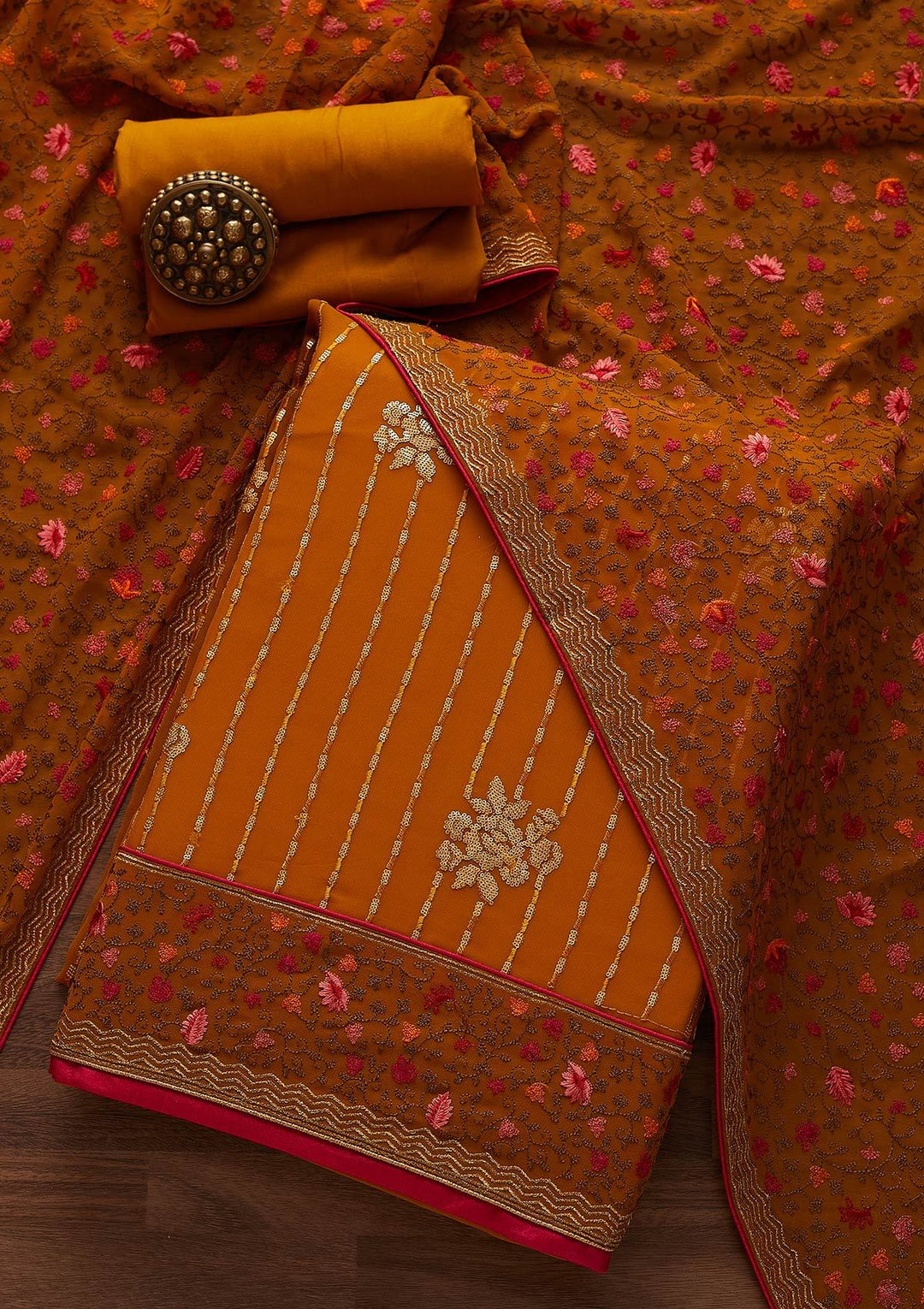 Mustard Sequins Georgette Designer Unstitched Salwar Suit - Koskii