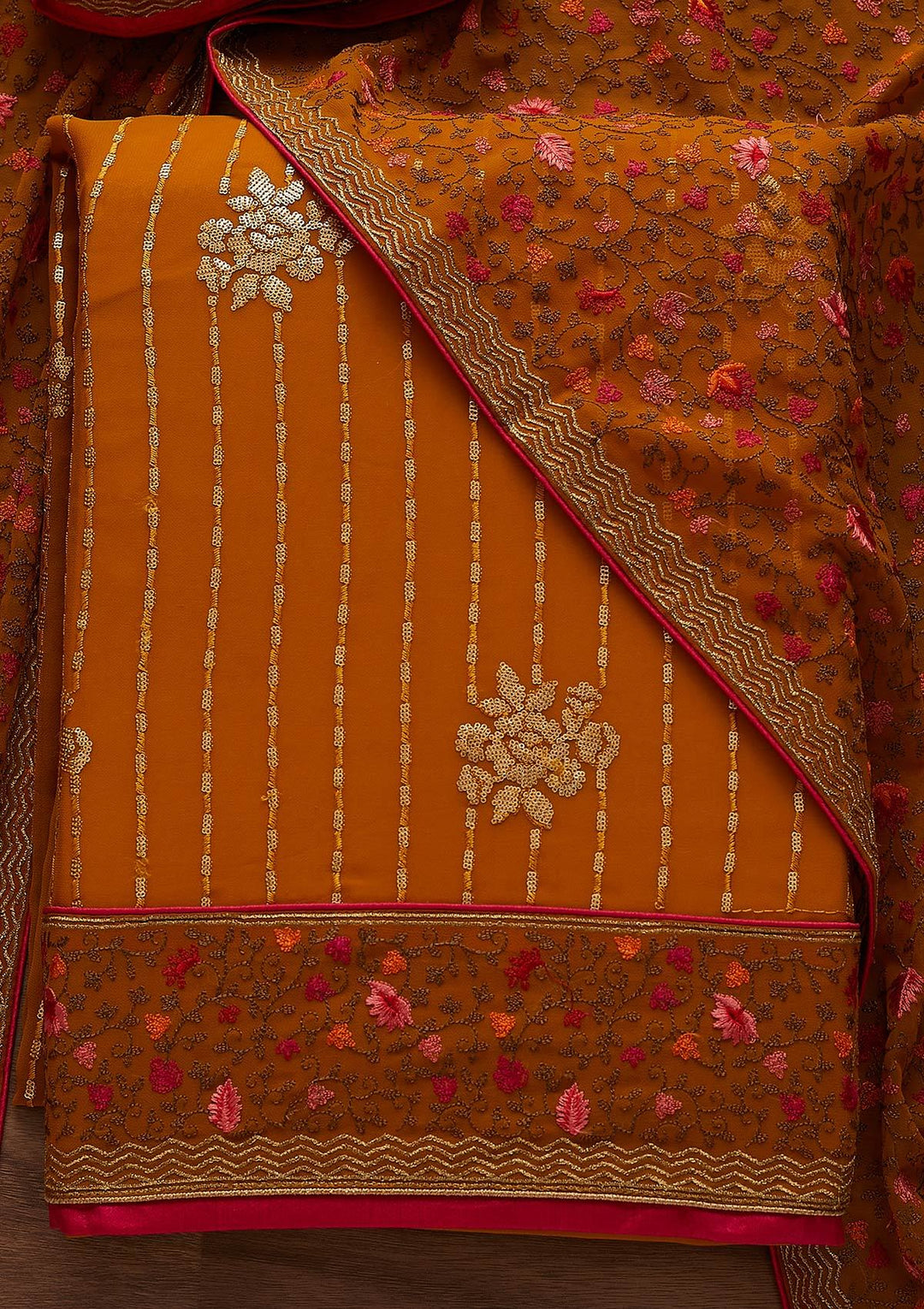Mustard Sequins Georgette Designer Unstitched Salwar Suit - Koskii
