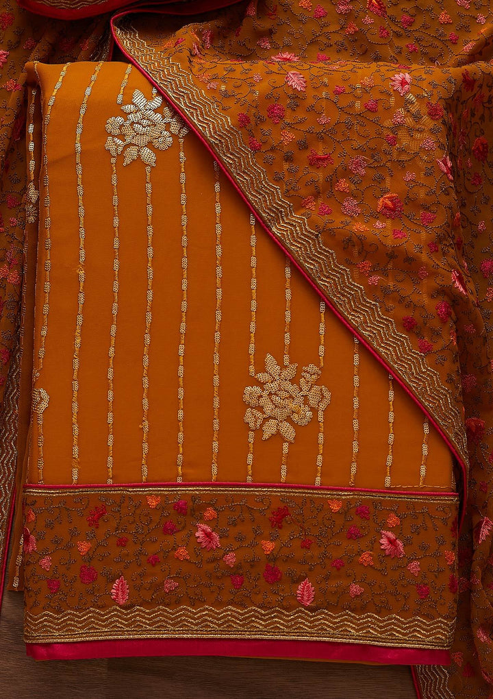 Mustard Sequins Georgette Designer Unstitched Salwar Suit - Koskii