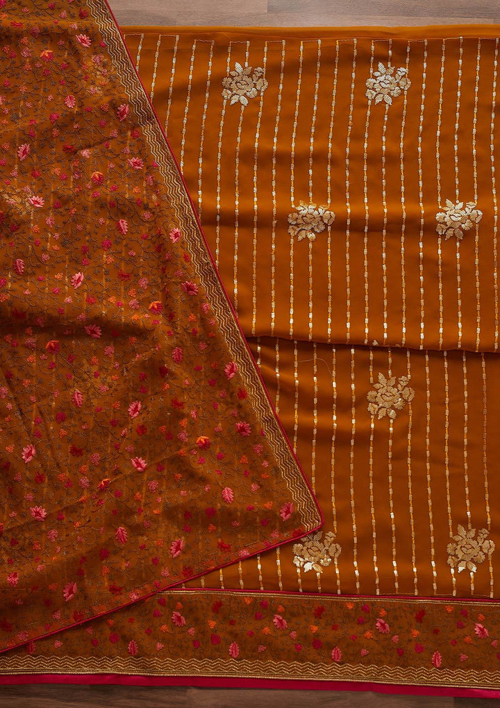 Mustard Sequins Georgette Designer Unstitched Salwar Suit - Koskii