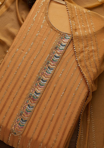 Mustard Sequins Georgette Designer Unstitched Salwar Suit - Koskii