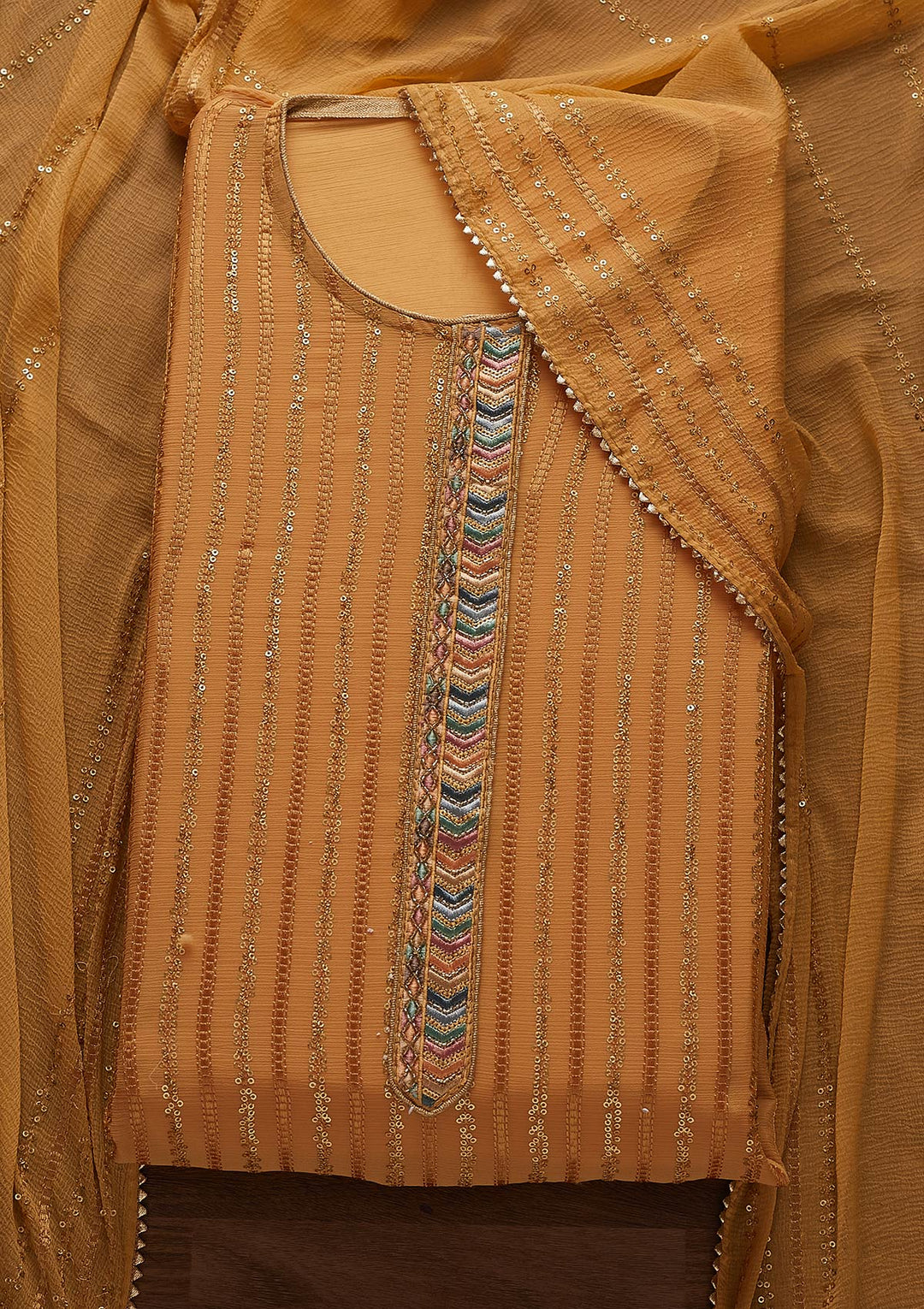 Mustard Sequins Georgette Designer Unstitched Salwar Suit - Koskii