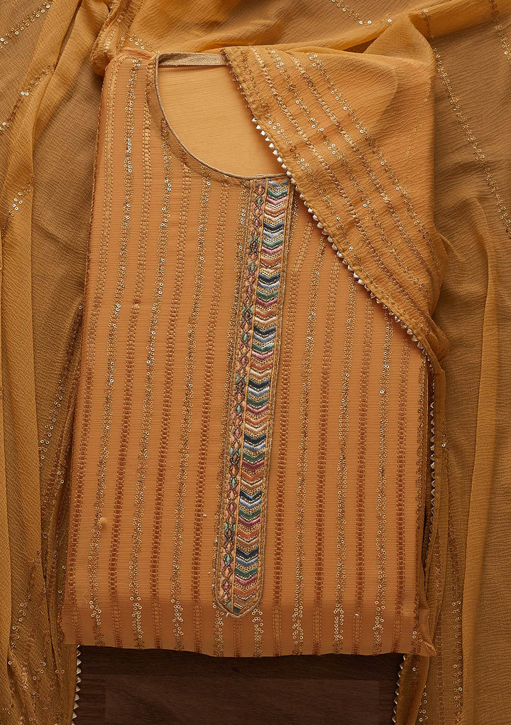 Mustard Sequins Georgette Designer Unstitched Salwar Suit - Koskii