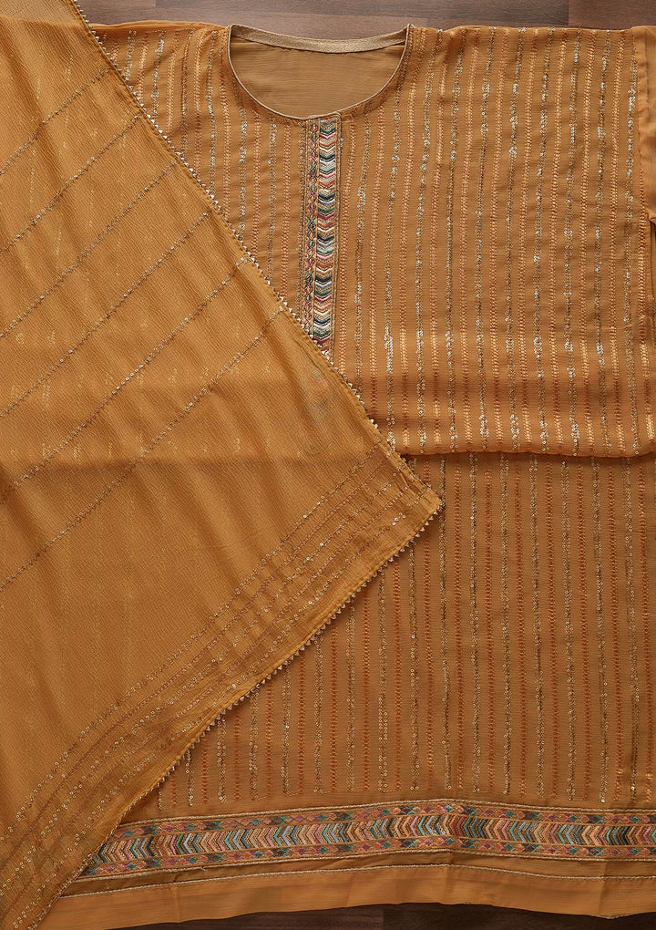 Mustard Sequins Georgette Designer Unstitched Salwar Suit - Koskii