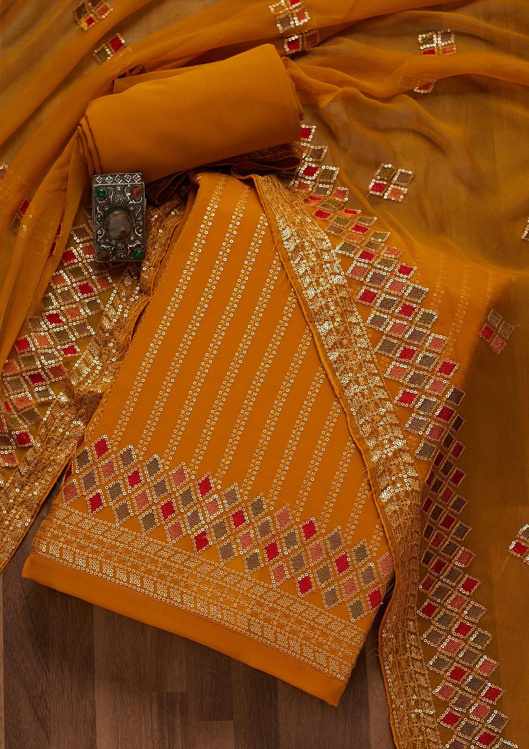 Mustard Sequins Georgette Unstitched Salwar Suit- Koskii