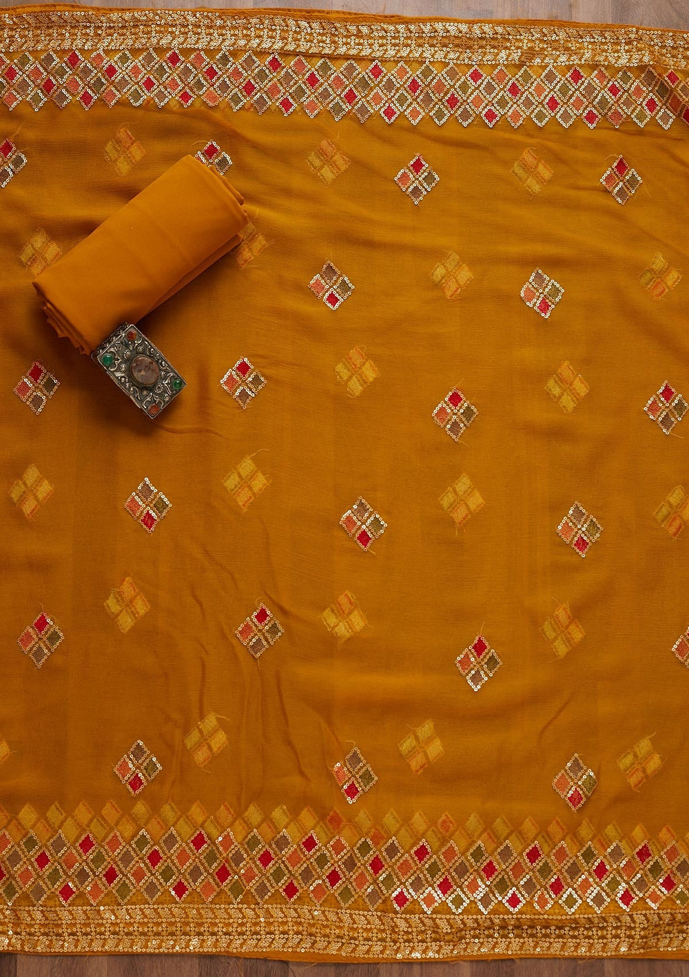 Mustard Sequins Georgette Unstitched Salwar Suit - Koskii