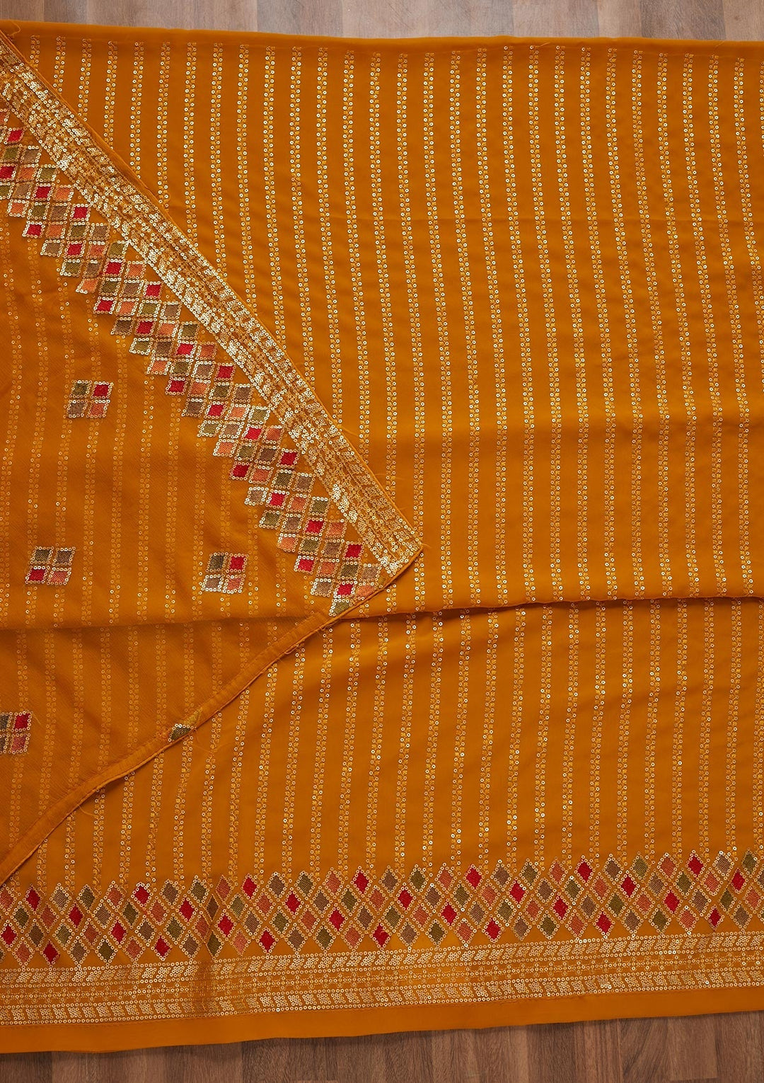 Mustard Sequins Georgette Unstitched Salwar Suit - Koskii