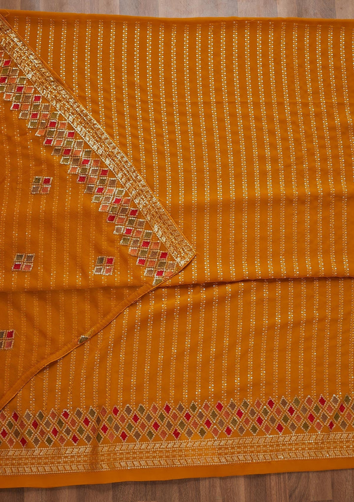 Mustard Sequins Georgette Unstitched Salwar Suit - Koskii