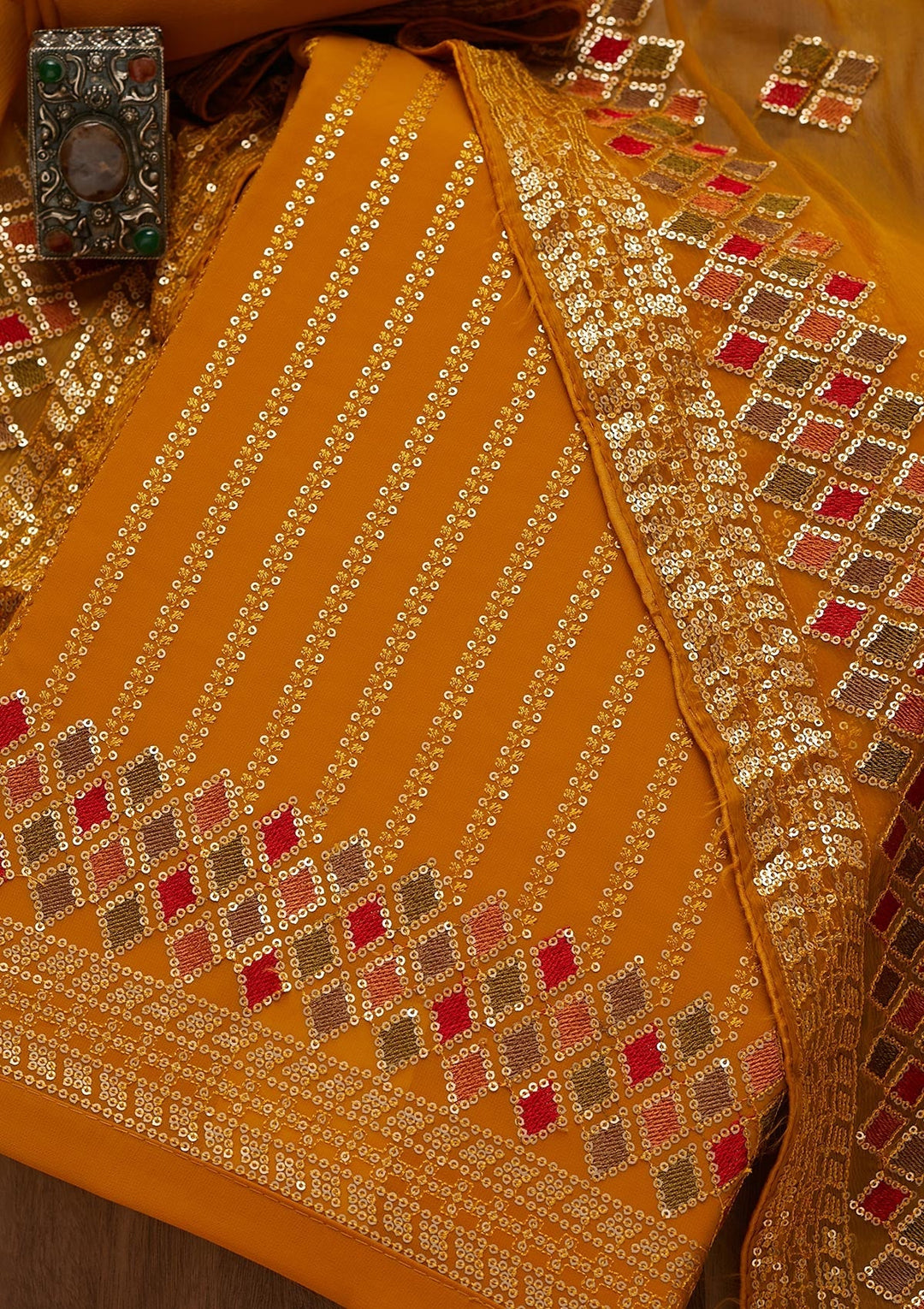 Mustard Sequins Georgette Unstitched Salwar Suit - Koskii