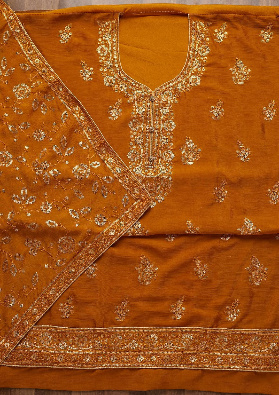 Mustard Sequins Georgette Unstitched Salwar Suit - Koskii