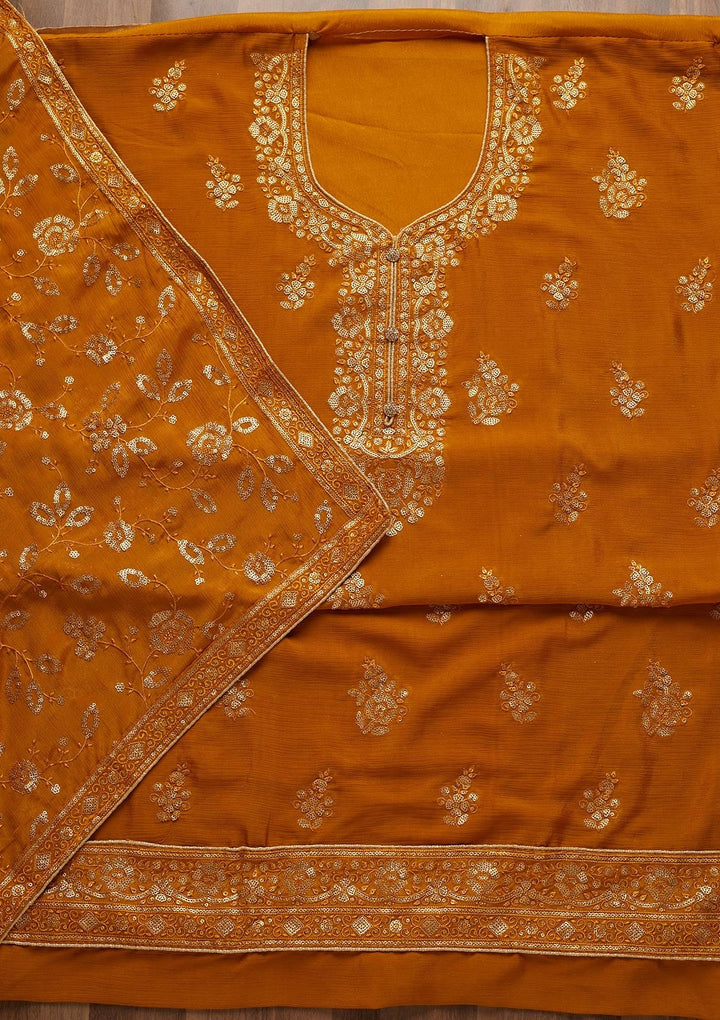 Mustard Sequins Georgette Unstitched Salwar Suit - Koskii