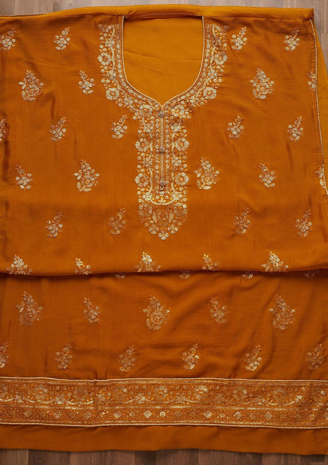 Mustard Sequins Georgette Unstitched Salwar Suit - Koskii
