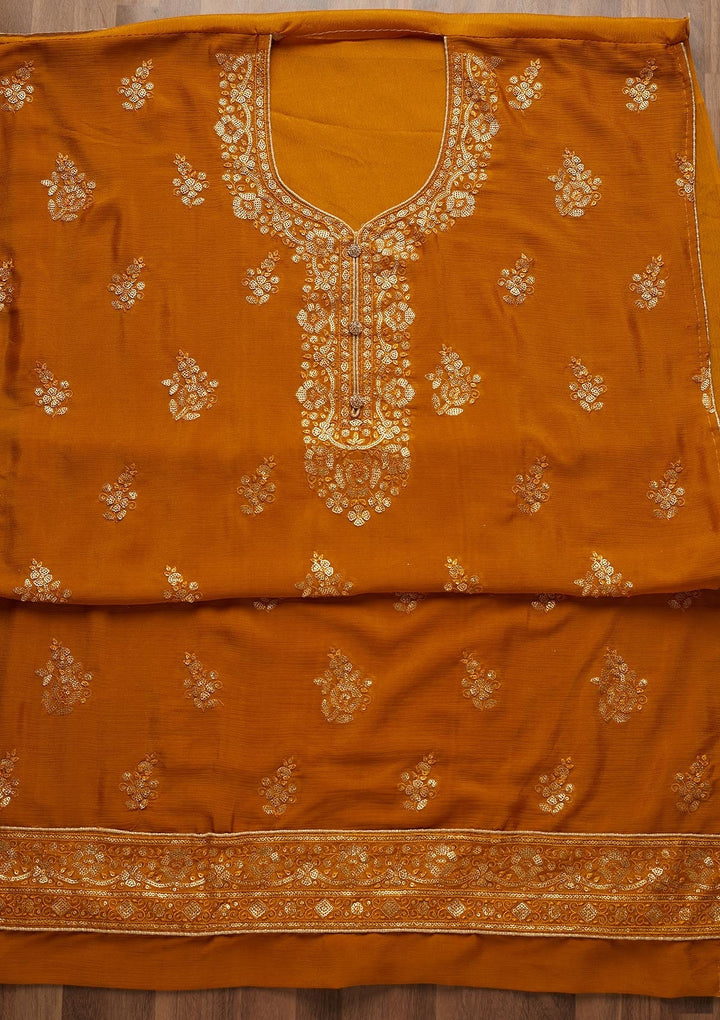 Mustard Sequins Georgette Unstitched Salwar Suit - Koskii