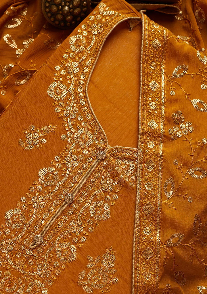 Mustard Sequins Georgette Unstitched Salwar Suit - Koskii