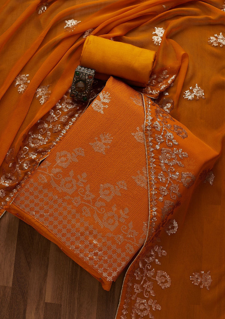 Mustard Sequins Georgette Unstitched Salwar Suit-Koskii