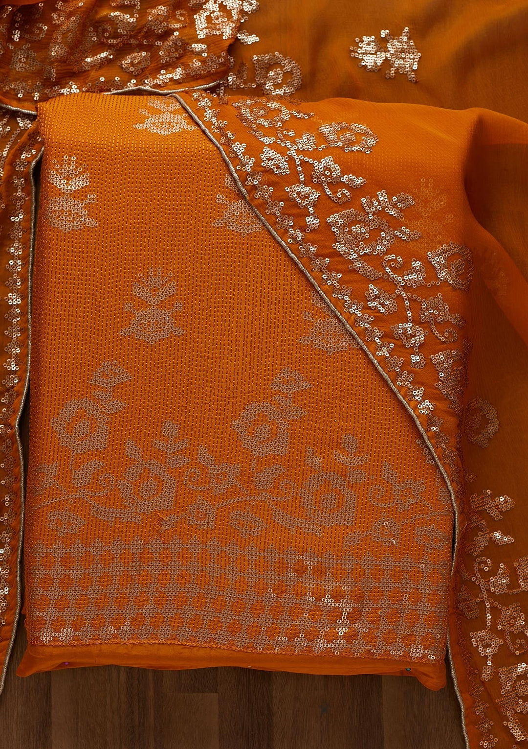 Mustard Sequins Georgette Unstitched Salwar Suit-Koskii