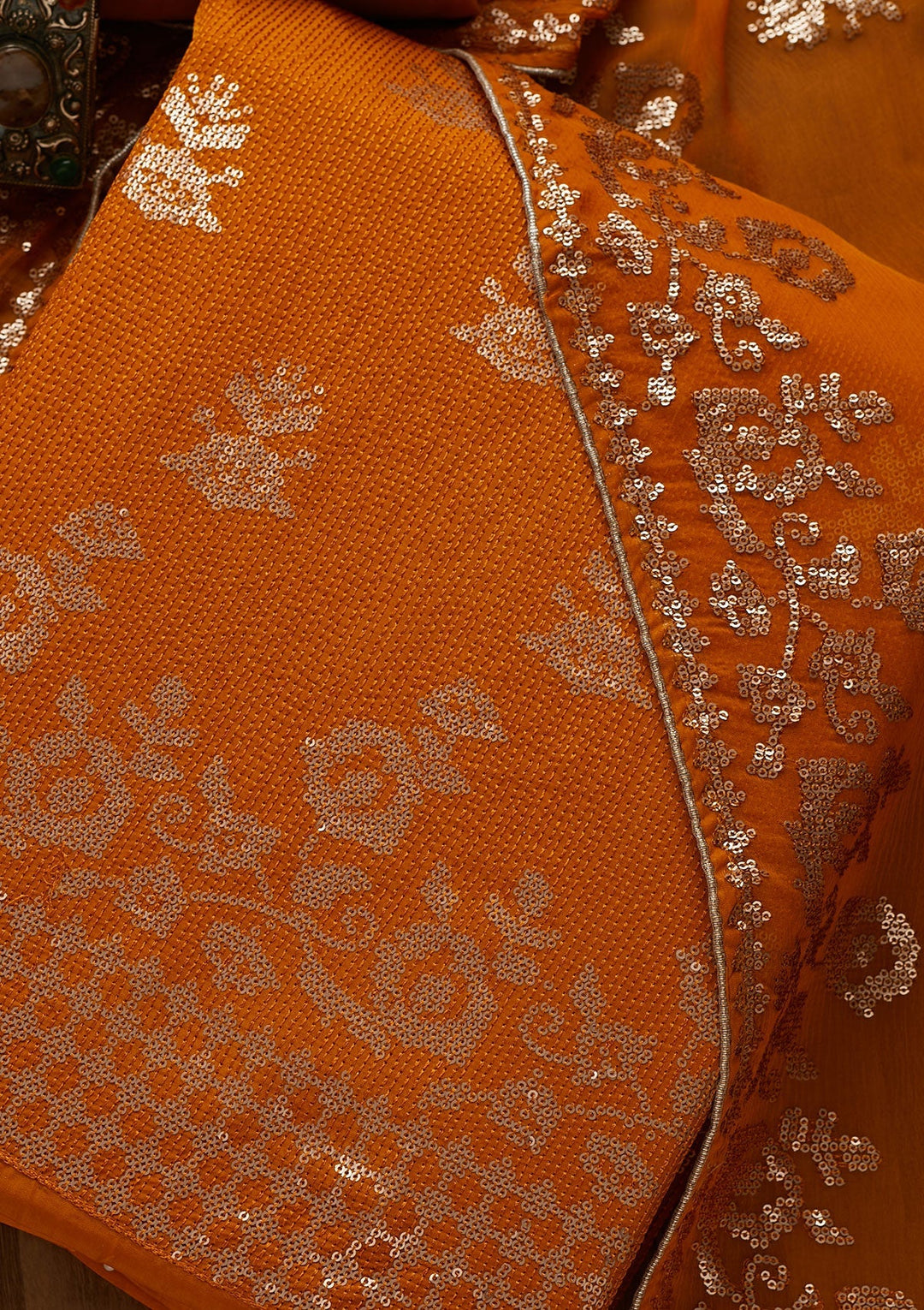 Mustard Sequins Georgette Unstitched Salwar Suit-Koskii