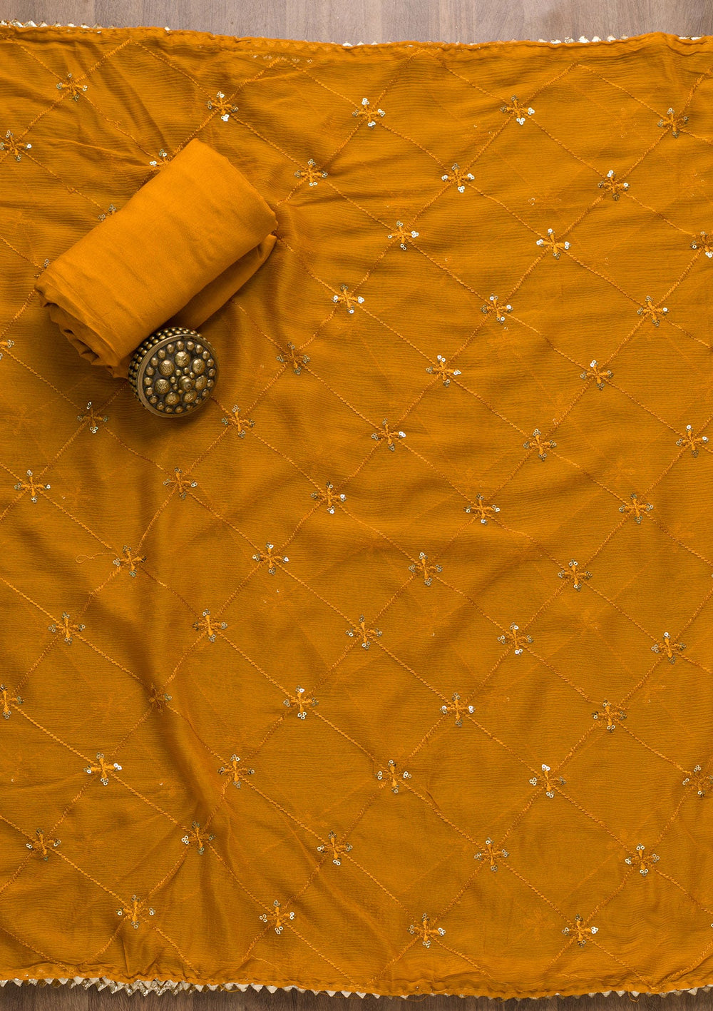 Mustard Sequins Georgette Unstitched Salwar Suit-Koskii