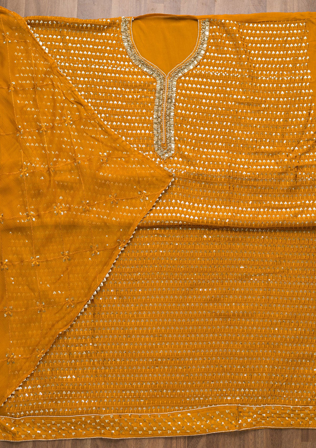 Mustard Sequins Georgette Unstitched Salwar Suit-Koskii