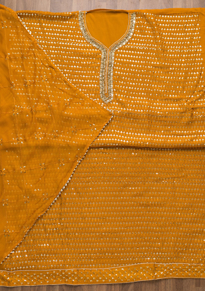 Mustard Sequins Georgette Unstitched Salwar Suit-Koskii