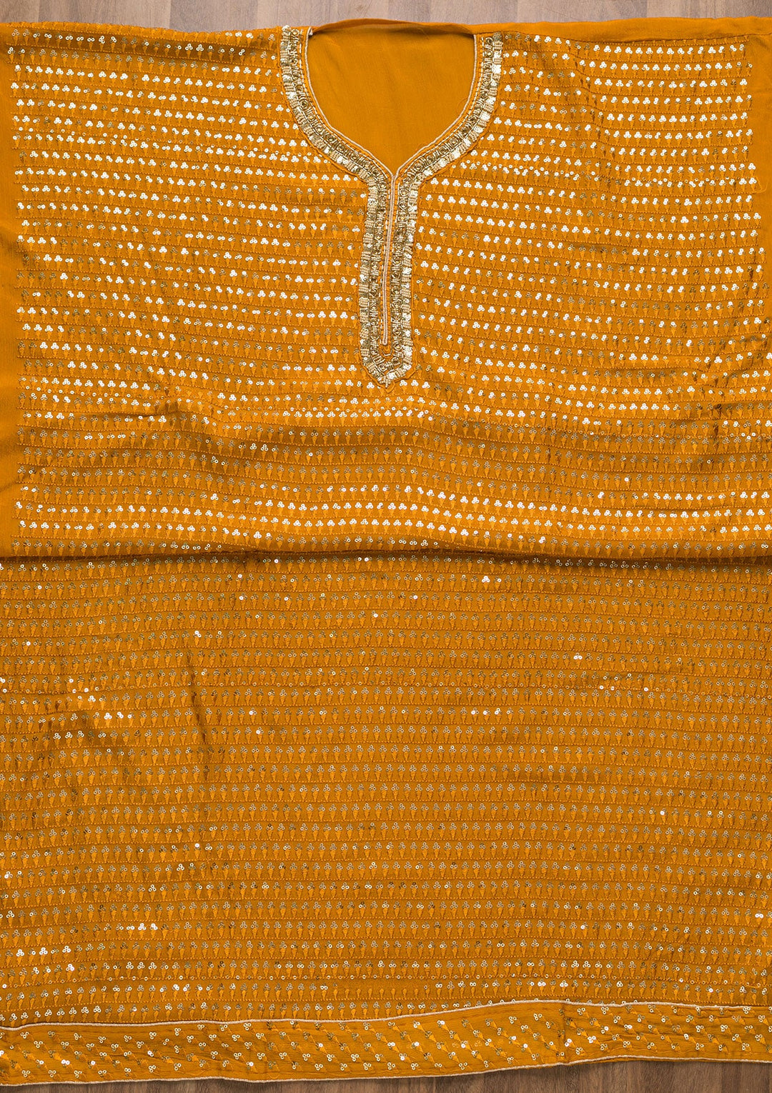 Mustard Sequins Georgette Unstitched Salwar Suit-Koskii