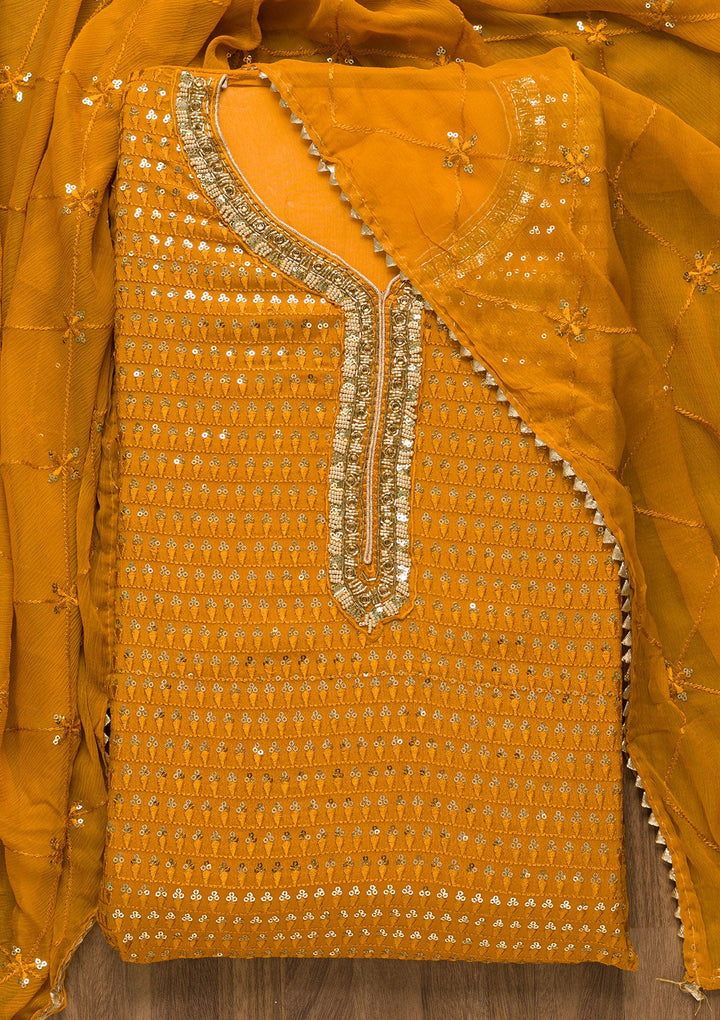 Mustard Sequins Georgette Unstitched Salwar Suit-Koskii