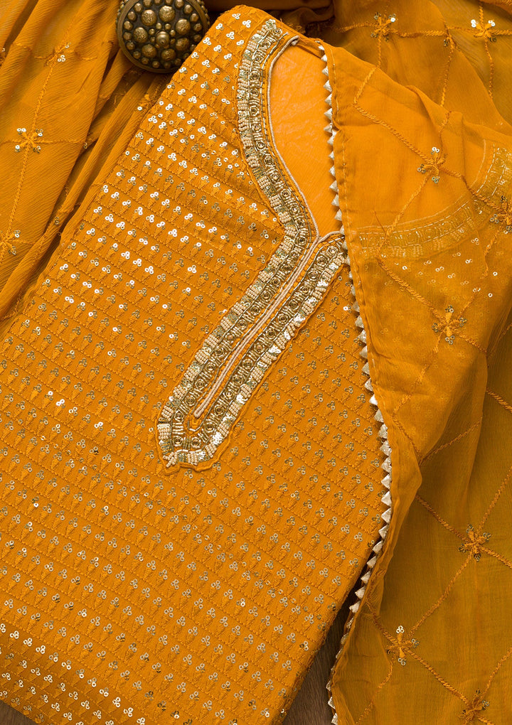Mustard Sequins Georgette Unstitched Salwar Suit-Koskii