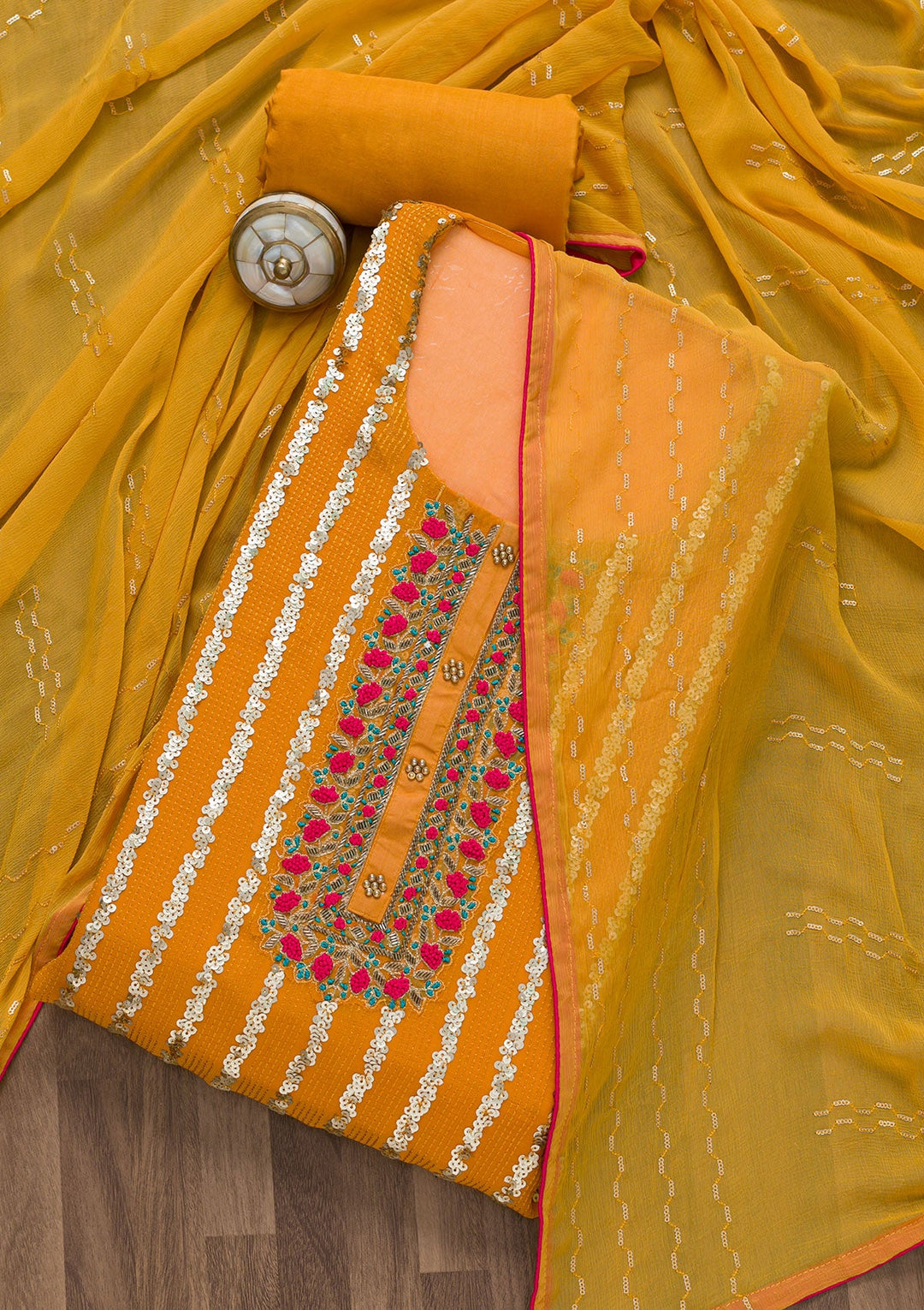 Mustard Sequins Georgette Semi-Stitched Salwar Suit-Koskii