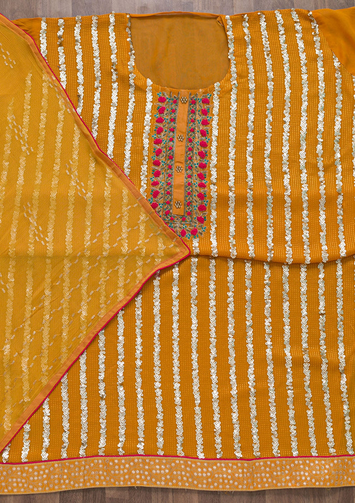 Mustard Sequins Georgette Semi-Stitched Salwar Suit-Koskii