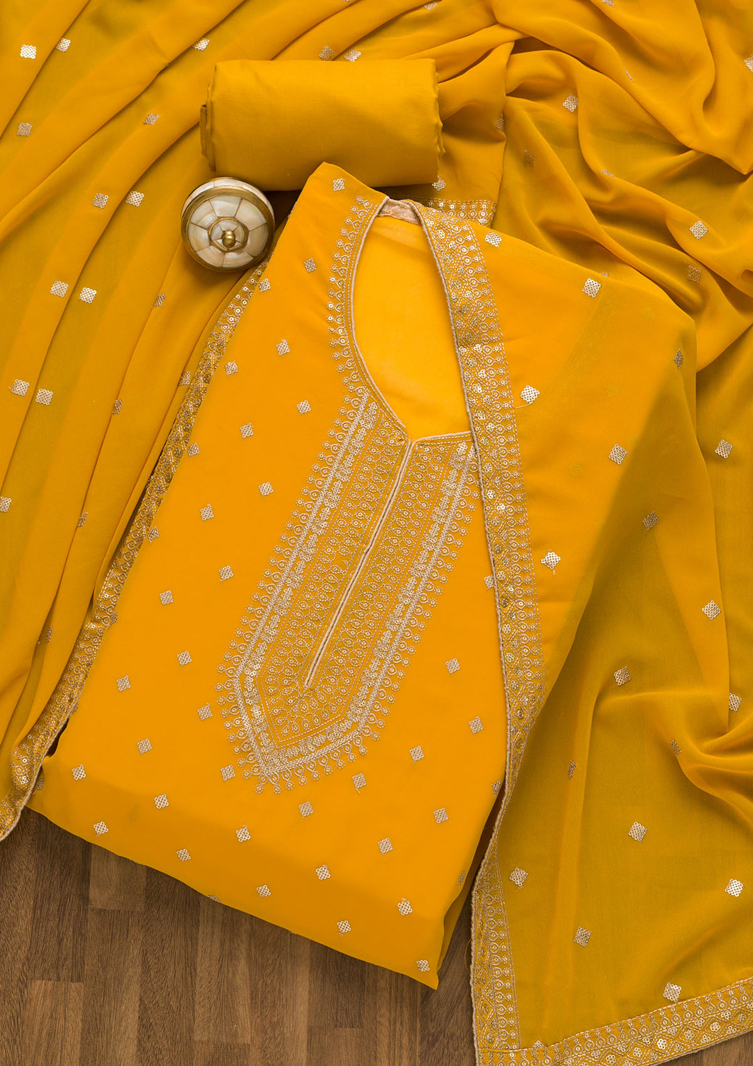 Mustard Sequins Georgette Unstitched Salwar Suit-Koskii