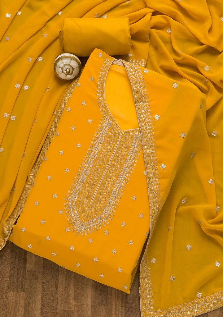 Mustard Sequins Georgette Unstitched Salwar Suit-Koskii