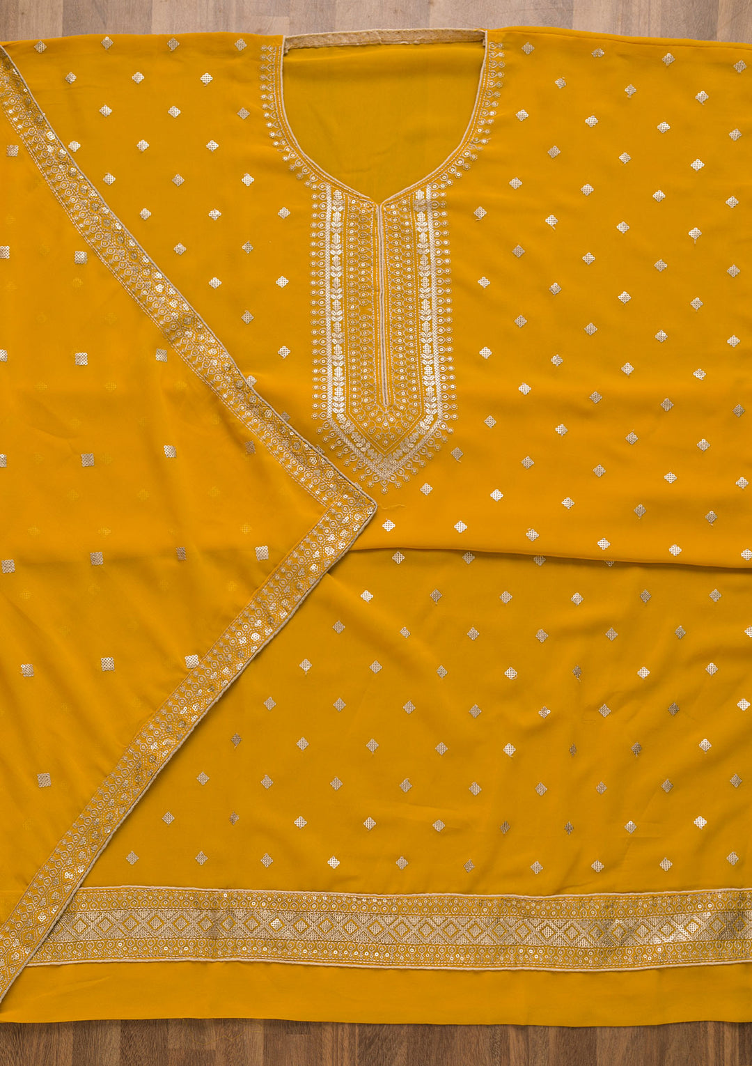 Mustard Sequins Georgette Unstitched Salwar Suit-Koskii