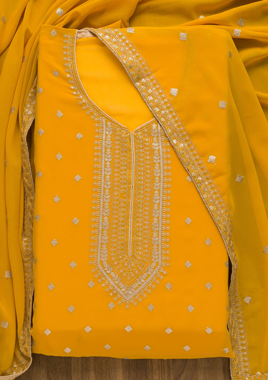 Mustard Sequins Georgette Unstitched Salwar Suit-Koskii