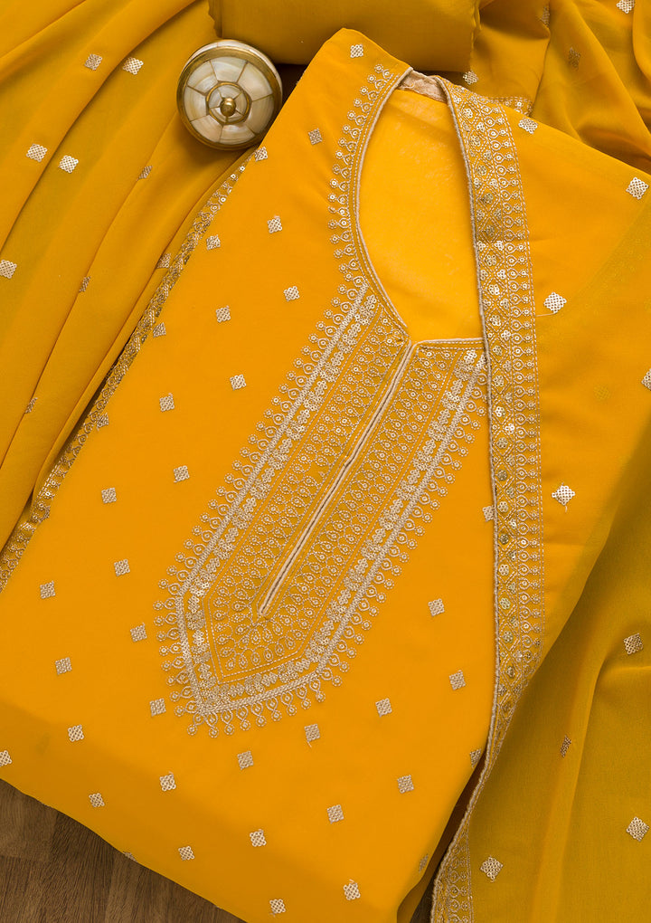 Mustard Sequins Georgette Unstitched Salwar Suit-Koskii