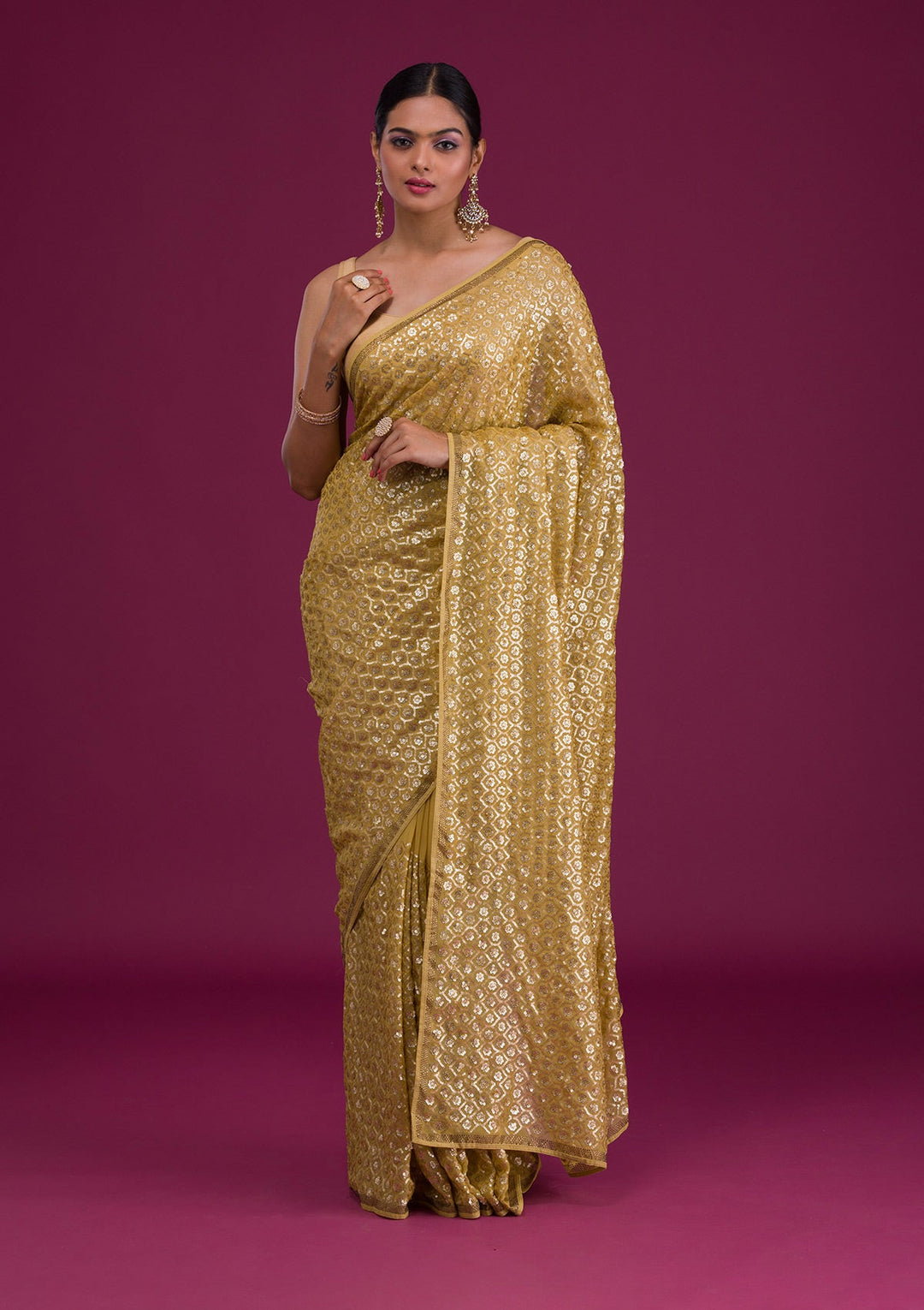 Mustard Sequins Georgette Unstitched Saree-Koskii
