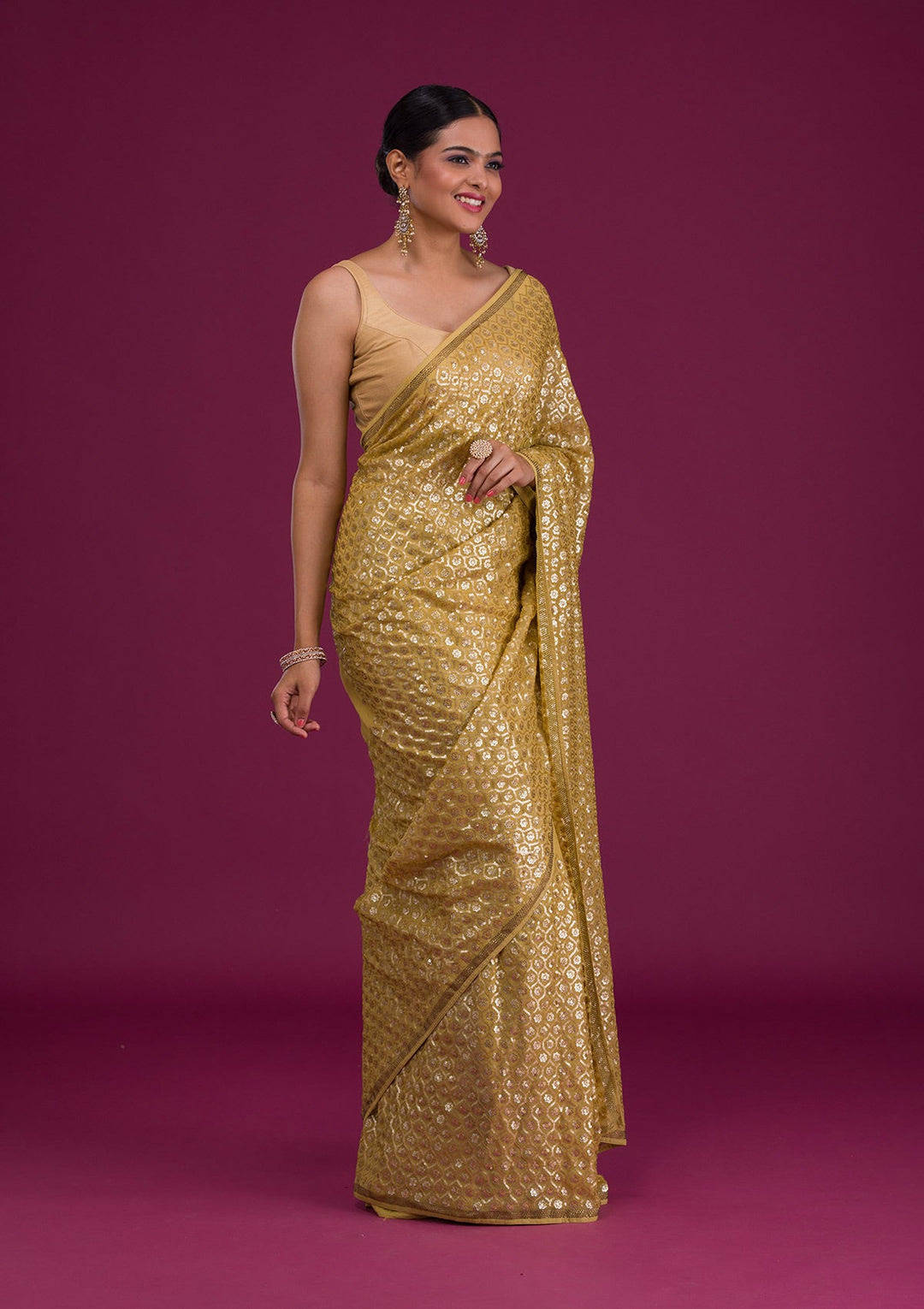 Mustard Sequins Georgette Unstitched Saree-Koskii