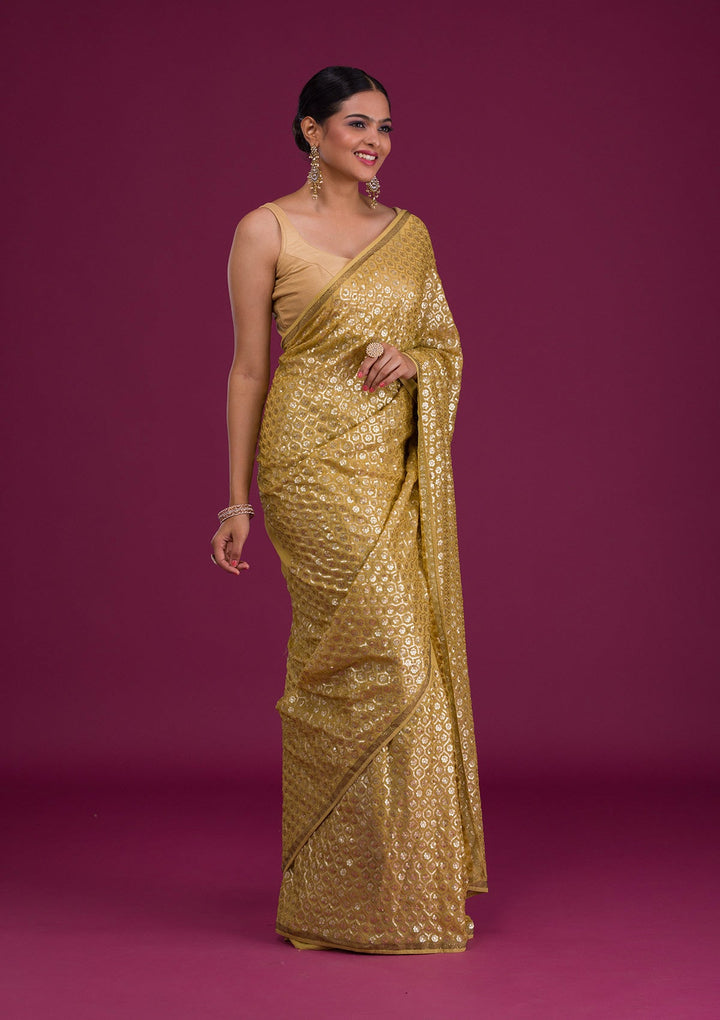 Mustard Sequins Georgette Unstitched Saree-Koskii