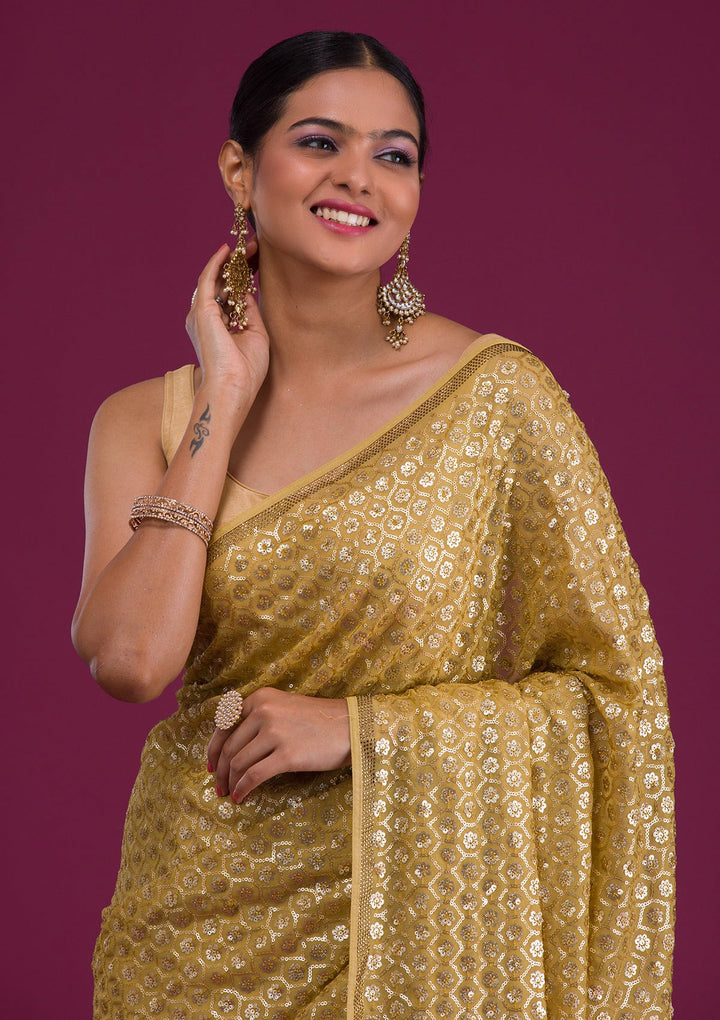 Mustard Sequins Georgette Unstitched Saree-Koskii