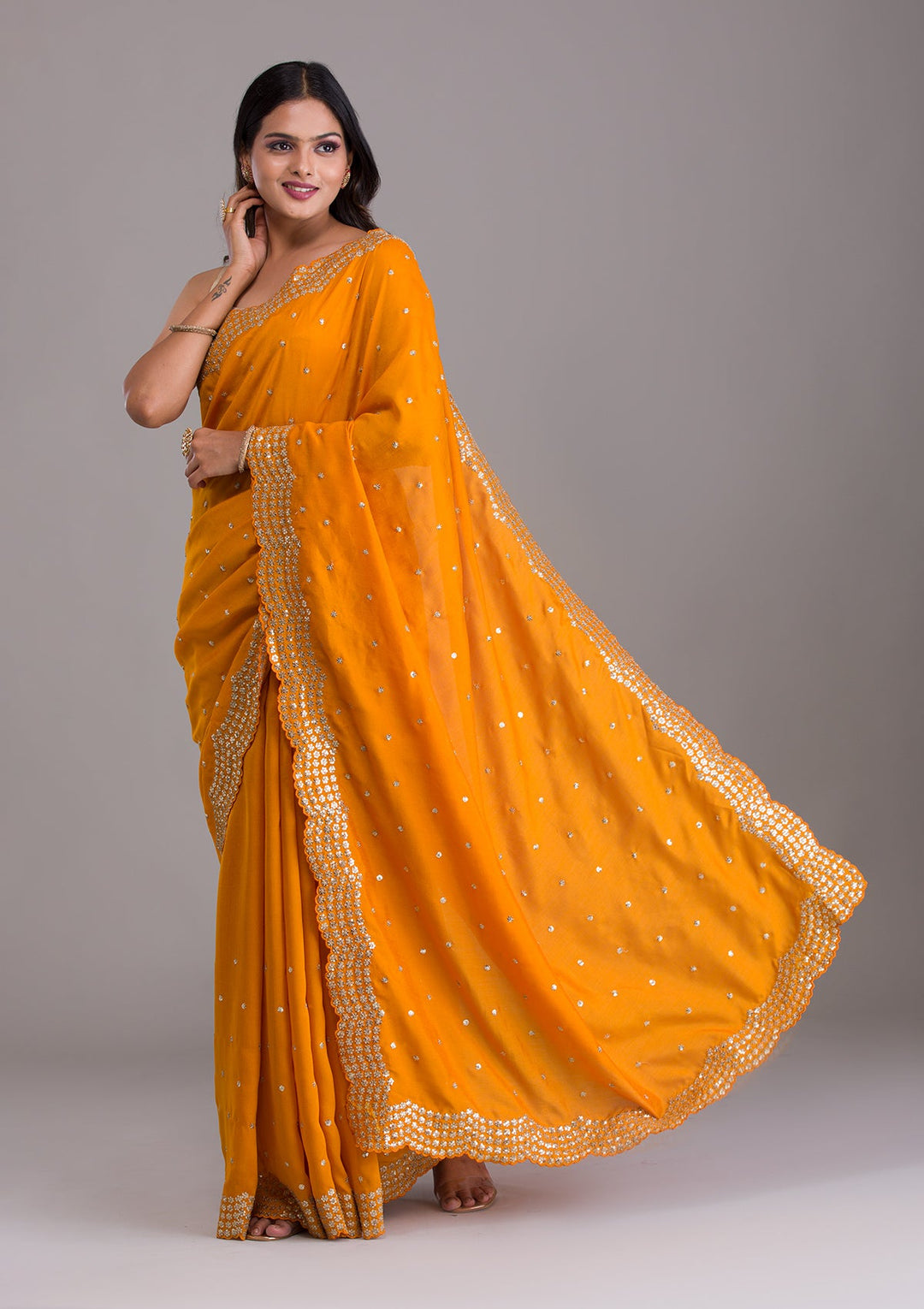 Mustard Sequins Raw Silk Saree-Koskii