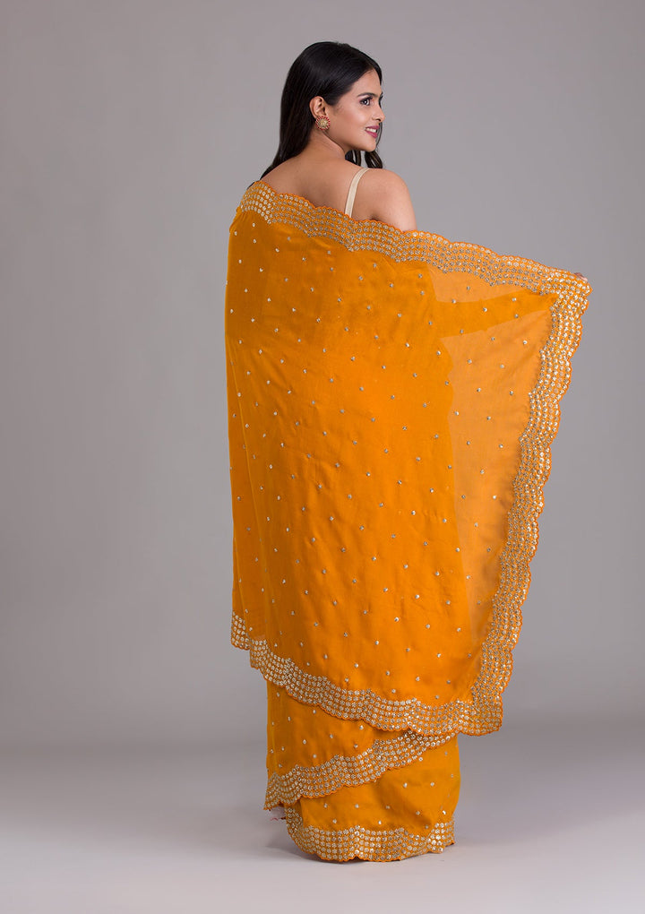 Mustard Sequins Raw Silk Saree-Koskii