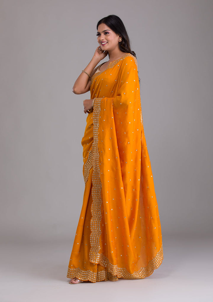 Mustard Sequins Raw Silk Saree-Koskii