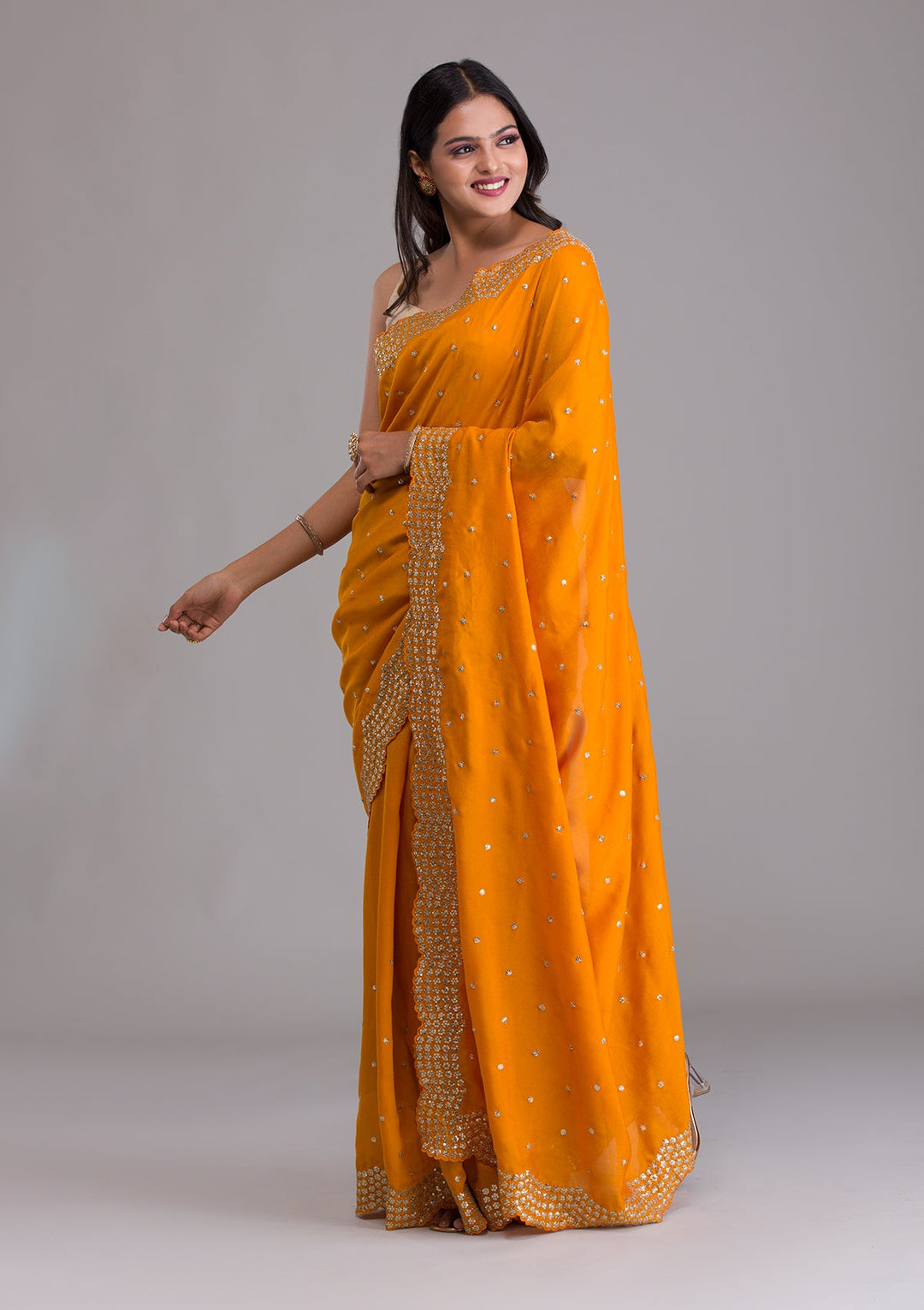 Mustard Sequins Raw Silk Saree-Koskii