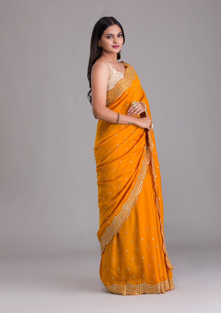 Mustard Sequins Raw Silk Saree-Koskii