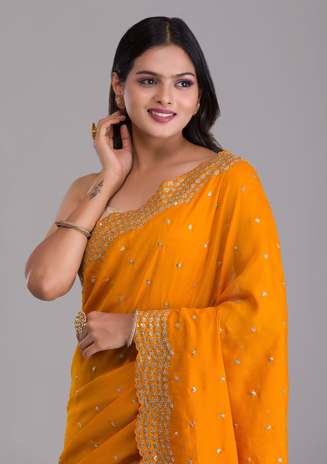 Mustard Sequins Raw Silk Saree-Koskii