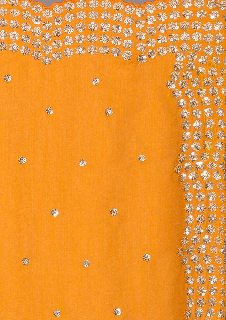 Mustard Sequins Raw Silk Saree-Koskii