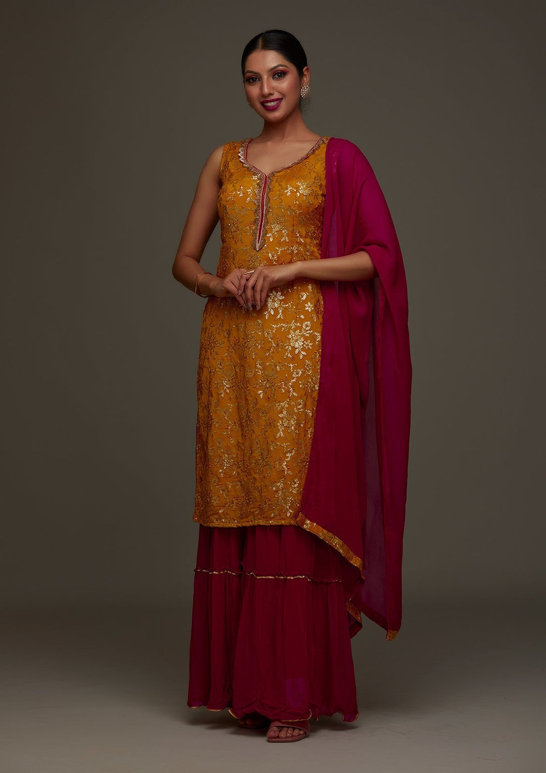 Mustard Sequins Semi Crepe Designer Salwar Suit - Koskii
